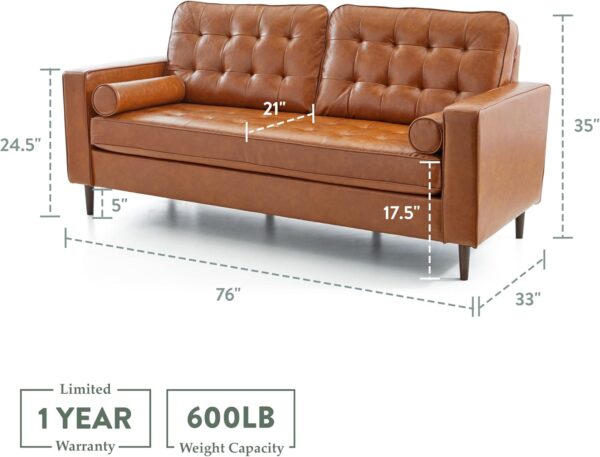 Edenbrook Lynnwood Upholstered Sofa - Couch for Living Room Office or Bedroom - Mid-Century Modern Design Furniture - Buttonless Tufting - Simple Assembly - 2 Bolster Pillows - Camel Faux Leather - Image 2