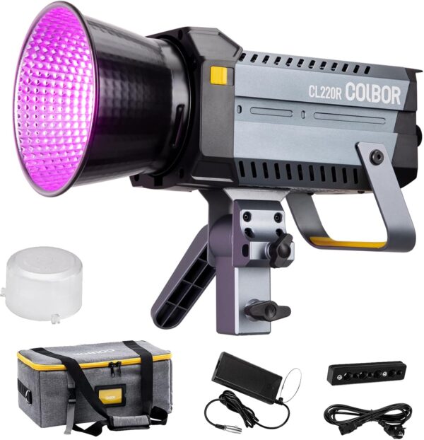 Colbor CL220R RGB Photography Lighting,220W COB Led Video Light 2700K-6500K,1.6KG Lightweight with DC/AC Power Supply,App Control for Video Studio Filmmaking
