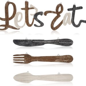 Jetec 5 Pcs Let's Eat Sign Kitchen Wall Decor Fork Spoon Knife Kitchen Decor Sign Rustic Farmhouse Wooden Eat Sign for Kitchen Home Dining Room Bar Cafe Restaurant(Brown, Beige, Dark Gray)