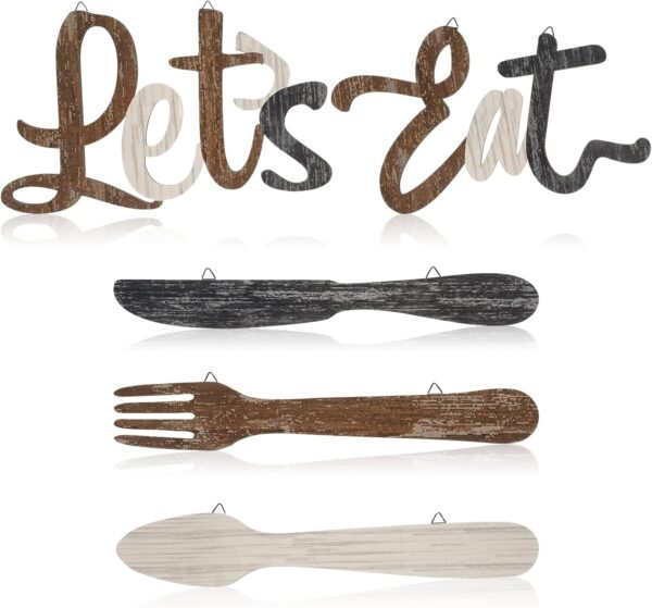Jetec 5 Pcs Let's Eat Sign Kitchen Wall Decor Fork Spoon Knife Kitchen Decor Sign Rustic Farmhouse Wooden Eat Sign for Kitchen Home Dining Room Bar Cafe Restaurant(Brown, Beige, Dark Gray)