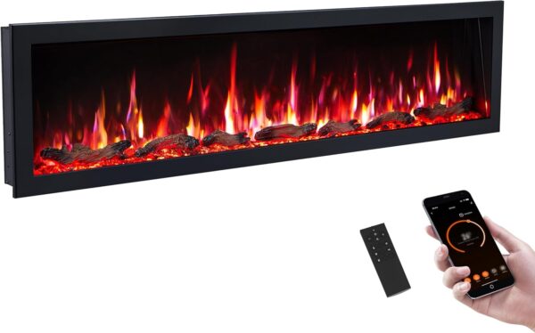PuraFlame Bernice 72 Inch Smart Linear Electric Fireplace - Clean Hidden Vent Design, Flame with 9 Colors, Recessed in-Wall or Wall-Mount or Free Standing, Compatible with Alexa and Google Assistant