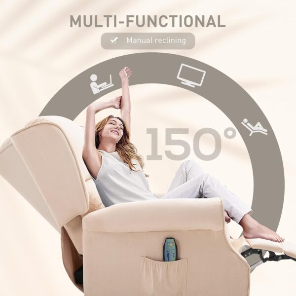 HOMCOM Vibration Massage Recliner Chair for Living Room with Heat, Wingback Single Sofa, Modern Suede Fabric Push Back Reclining Chair with Footrest, Side Pocket, Beige - Image 5