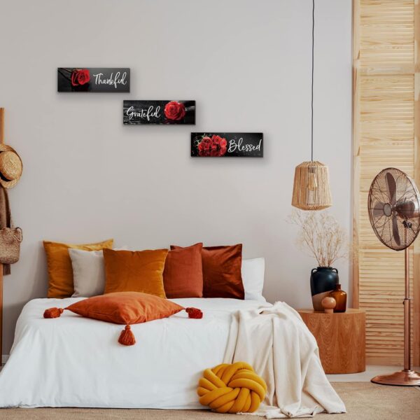 3 Pcs Red Bathroom Decor Red Rose Wall Art Inspirational Flower Wooden Signs Red and Black Bathroom Office Wall Decor with Thankful Grateful Blessed Quotes for Women Bedroom Kitchen(Red Rose12x4 Inch) - Image 5