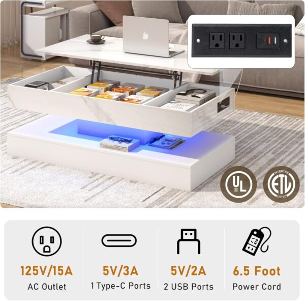 47.2" Large Lift Top Coffee Table with Charging Station, LED Modern High Glossy Center Table with Hidden Compartment Storage, White Lift Living Room Tables with Marbling Print - Image 5