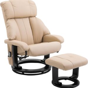 HOMCOM Massage Recliner Chair with Ottoman, 360° Swivel Recliner and Footstool, 10 Point Vibration, PU Leather Reclining Chair with Side Pocket and Remote Control, Beige