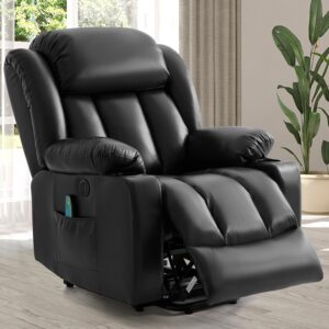 Power Lift Recliner Chair for Elderly, Electric Recliner Chairs for Adults with Massage and Heat, Remote Control, Cup Holders, USB Ports, Side Pockets, Leather (Black)