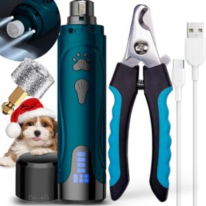 Dog Nail Grinder, Dog Nail Trimmers and Clippers Kit, Super Quiet Electric Pet Nail Grinder, Rechargeable, for Small Large Dogs & Cats Toenail & Claw Grooming,3 Speeds, 2 Grinding Wheels (A-Dark Blue)