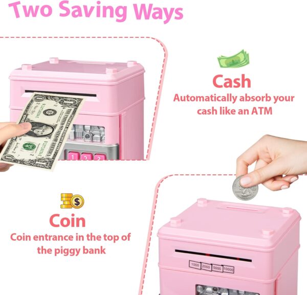 Kids Piggy Bank for Girls - Toys for 5 6 7 8 9 10 Year Old Girl Birthday Gifts - Electronic Piggy Bank ATM Machine Money Safe for Kids Toys Age 6-8-10 - Image 4