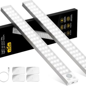 Under Cabinet Lights 14.5 Inch,Under Cabinet Lighting 63LEDS 2500mAh,Motion Sensor Light Indoor Rechargeable Battery Operated,Dimmable Under Counter Lights for Kitchen,Drawers,Wardrobe,Stair Bedroom