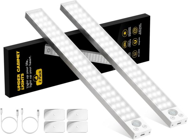 Under Cabinet Lights 14.5 Inch,Under Cabinet Lighting 63LEDS 2500mAh,Motion Sensor Light Indoor Rechargeable Battery Operated,Dimmable Under Counter Lights for Kitchen,Drawers,Wardrobe,Stair Bedroom