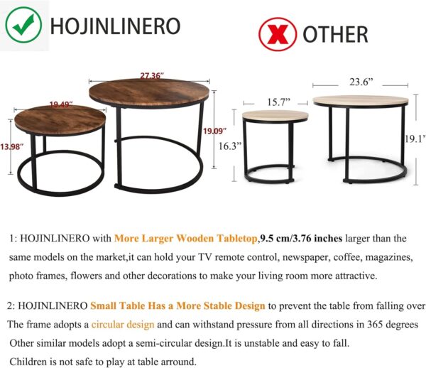 HOJINLINERO Industrial Round Coffee Table Set of 2 End Table for Living Room,Stacking Side Tables, Sturdy and Easy Assembly,Wood Look Accent Furniture with Metal Frame,Black+Rustic Brown - Image 2
