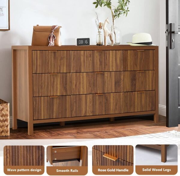 Mid Century Modern Dresser TV Stand, 9 Drawer Dresser for Bedroom Wood, Farmhouse Boho Storage Cabinet Side Table with Solid Natural Wood Legs, Long Wooden Dresser for Closet (Walnut) - Image 4