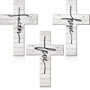 Jetec 3 Pieces Faith Love Hope Cross Sign Wood Wall Hanging Cross Rustic Cross Wall Decor Vintage Cross Wall Art Religious Love Cross Wall Decor Farmhouse Home Hanging Decor, 12 x 8 Inch (White)