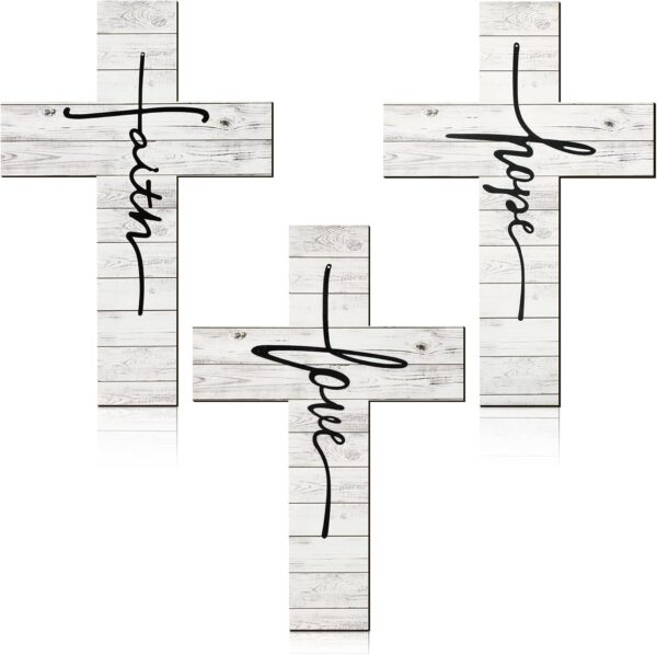 Jetec 3 Pieces Faith Love Hope Cross Sign Wood Wall Hanging Cross Rustic Cross Wall Decor Vintage Cross Wall Art Religious Love Cross Wall Decor Farmhouse Home Hanging Decor, 12 x 8 Inch (White)