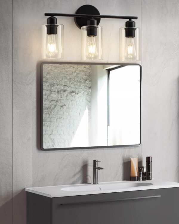 3 Light Bathroom Vanity Light, Black Vanity Lights for Bathroom, Modern Bathroom Light Fixtures Over Mirror with Clear Glass Shade, Wall Sconce Lighting for Bedroom Living Room Hallway - Image 7