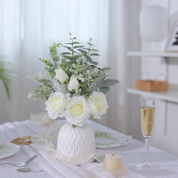 FOTEEWL Artificial Flowers with Ceramic Vase,Faux Silk Roses and Fake Plant Eucalyptus in Vase for Centerpiece Table Decorations, Living Room,Dining Table,Fireplace,Office,Farmhouse,Home Decor(White) - Image 7