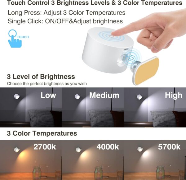 Koopala LED Wall Sconces, Wall Mounted Lamps with Rechargeable Battery Operated Dim 3 Brightness Removable Charging 360°Rotate Magnetic Ball, Cordless Wall Light for Reading Study Bedside Hallway - Image 2