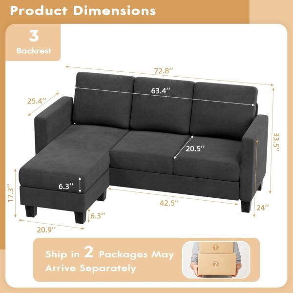 VICTONE Convertible Sectional Sofa Couch, 3 Seat L-Shaped Sofa with Linen Fabric Ottoman Small Couch for Small Apartments, Living Room and Office (Dark Gray) - Image 2
