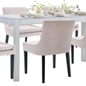 COLAMY 7-Piece Dining Table Set for 6, 60" Kitchen Wood Table with 6 Corduroy Dining Room Chairs, White/Beige