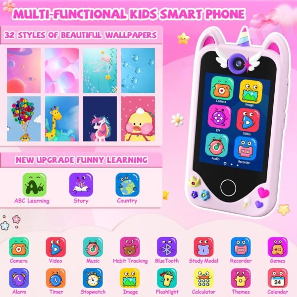 Kids Smart Phone for Girls Gifts - Toddler Christmas Birthday Gift for Age 3 4 5 6 7 8 9 10 Year Old, Kids Cell Phone Toy with Touchscreen, Dual Cameras, Learning, Music Player, Games with 32 GB Card - Image 2