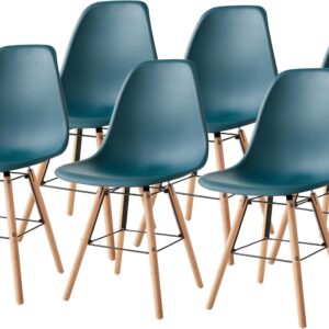 Mid Century Modern Dining Chair Set of 6, Lounge Side Chairs with Natural Beech Wood Legs, Pre Assembled Style Plastic Chairs Shell Chair for Kitchen, Dining, Bedroom, Living Room