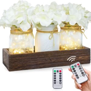Fowecelt Mason Jar Lights Table Centerpiece Decoration for Dining Room Living Room Kitchen Table Decor Wood Tray with 3 Mason Jars Flowers Farmhouse Coffee Centerpieces Table Decor