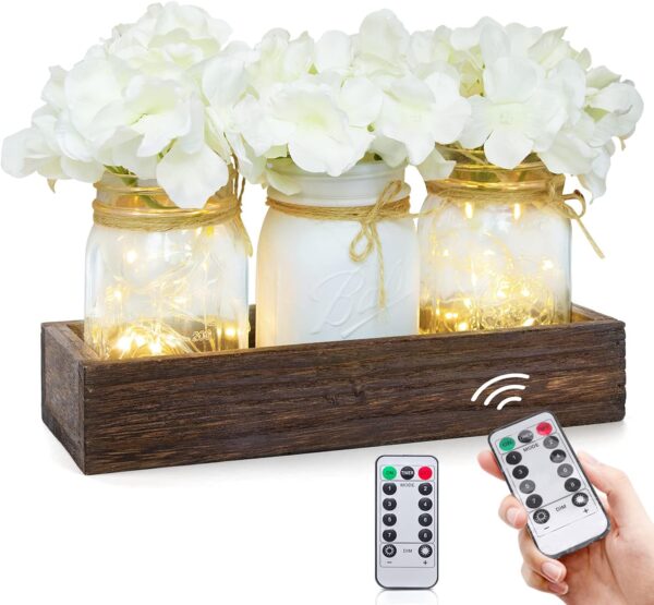 Fowecelt Mason Jar Lights Table Centerpiece Decoration for Dining Room Living Room Kitchen Table Decor Wood Tray with 3 Mason Jars Flowers Farmhouse Coffee Centerpieces Table Decor
