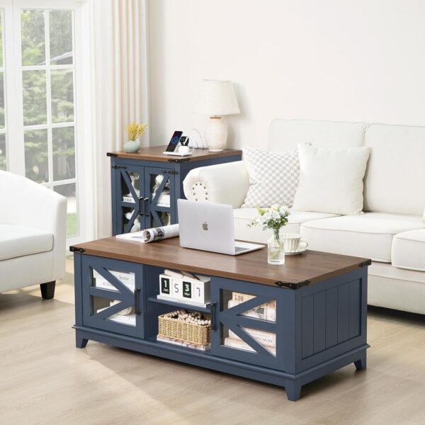 48" Farmhouse Coffee Table with Storage and Glass Sliding Barn Doors Modern Industrial Center Table with Adjustable Shelves Rustic Rectangular Table for Living Room, Blue-Double Sided Design - Image 4