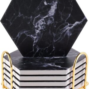 Black Coasters,Marble Coasters for Drinks with Gold Holder,Coasters for Drinks Absorbent with Cork Base for Bar Kitchen Home and Dining Room Decor(Black)