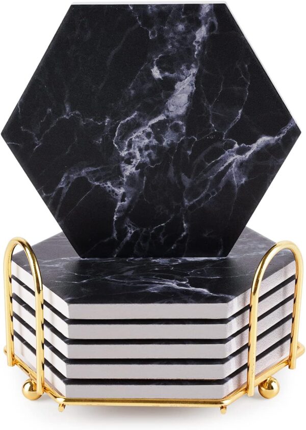 Black Coasters,Marble Coasters for Drinks with Gold Holder,Coasters for Drinks Absorbent with Cork Base for Bar Kitchen Home and Dining Room Decor(Black)