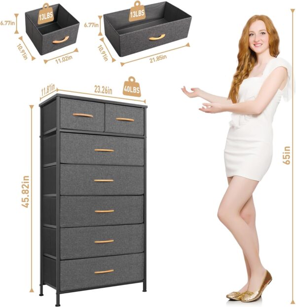 Tall Dresser for Bedroom, Vertical Storage Organizer Tower with 7 Drawers, Chest of Drawers with Fabric Bins, Steel Frame, Wood Top for Bedroom, Closet, Entryway- Grey - Image 3