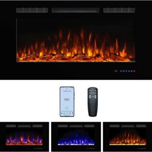 Electric Fireplace 42inches, Wall-Mounted & Recessed Fireplace Inserts, Multicolor Flame w/5 Dimmer, Remote Control Thermostat, Timer, Overheating Protection, Hardwire Connect, 1500W,Black