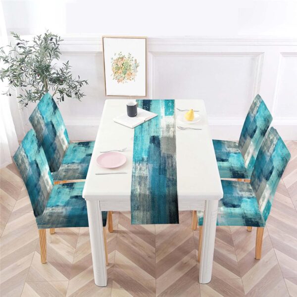 MCALK Turquoise Chair Covers Set of 4 and Table Runner,Stretch Grey Chair Slipcovers for Kitchen,Washable Removable Chair Protector Modern Chair Covers for Dining Room