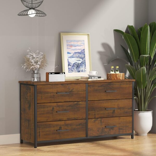 IKENO 6 Drawer Double Dresser, Industrial Wood Dresser for Bedroom, Storage Cabinet with Sturdy Steel Frame - Image 7