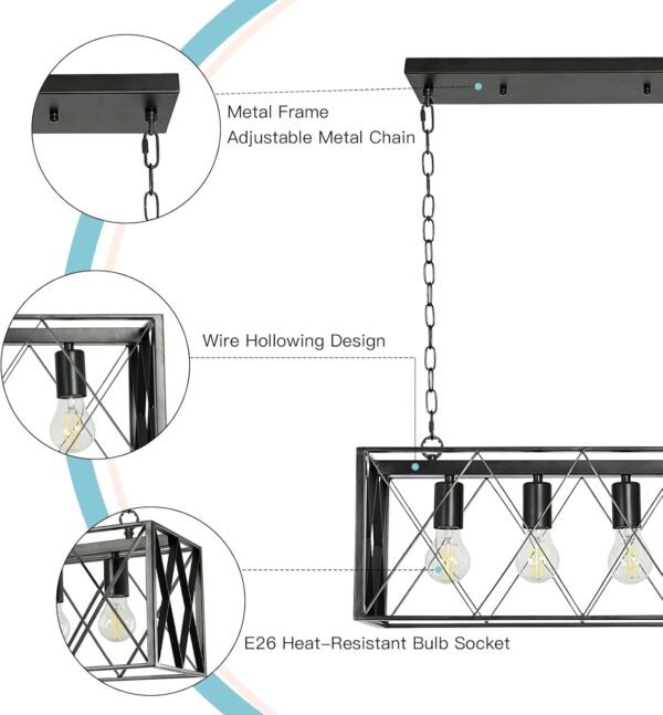Depuley 5-Light Industrial Chandelier Light Fixture, Black Farmhouse Linear Chandeliers Pendant lights, Rectangular Metal Cage Table Island Lighting for Dining Room, Kitchen, Bar, 5*E12 Bulbs Included - Image 4