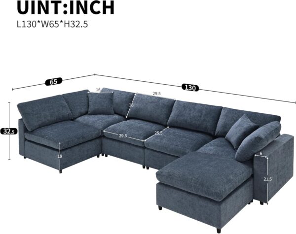 Modern Modular Sofa, 6 Seat Chenille Fabric Sectional Couch with Ottoman, U Shaped Convertible Sleeper Sofa for Living Room, Apartment - Image 2