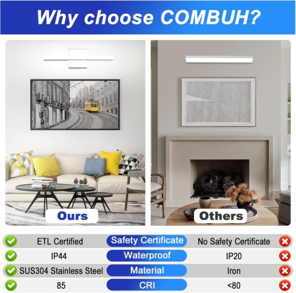 Combuh Modern Bathroom Light Fixtures Over Mirror 16 Inch IP44 9W Chrome Bathroom Vanity Light Bar for Bathroom Wall Sconce Cool White 6000K - Image 3