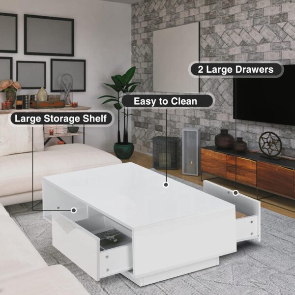 HOMMPA LED Coffee Table Modern Coffee Table White Side Tables High Gloss Center Table Cocktail Table with 2 Drawers Open Shelf for Living Room - Image 4