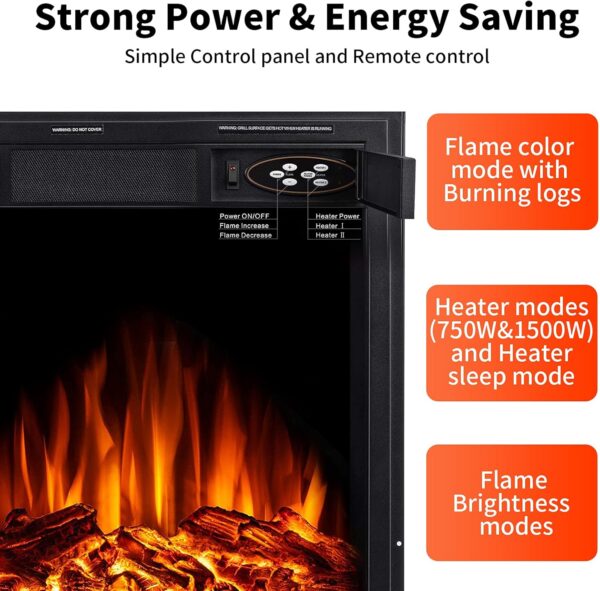 R.W.FLAME 34" Electric Fireplace Insert Adjustable Flame Colors, Log Colors, Flame Speed and Brightness, Remote Control, 750W/1500W(34"x26") - Image 2
