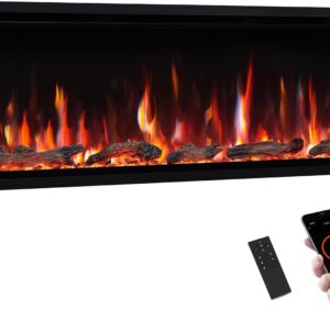PuraFlame Herman 50 Inch Smart Linear Electric Fireplace - Premium Flame with 9 Colors, Clean Design, Recessed in-Wall or Wall-Mount or Free Standing, Compatible with Alexa and Google Assistant