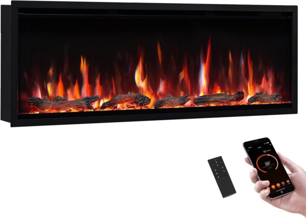 PuraFlame Herman 50 Inch Smart Linear Electric Fireplace - Premium Flame with 9 Colors, Clean Design, Recessed in-Wall or Wall-Mount or Free Standing, Compatible with Alexa and Google Assistant