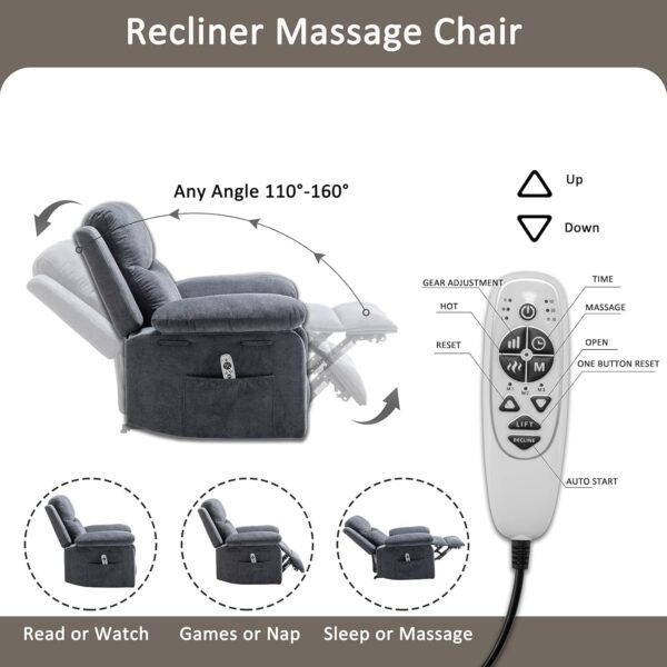 Electric Power Recliner Chair with Lumbar Heating and 8-Point Vibration Massage Function, Remote Control, Fabric Velvet Single Sofa Chiar with Footrest for Adult Living Room (Dark Gray) - Image 5