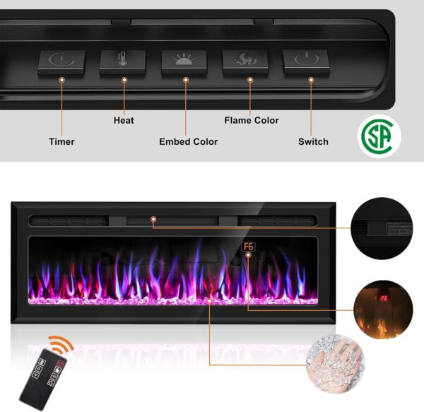 50 inch Electric Fireplace, Wall Mounted and Recessed Fireplace Linear Fireplace Insert with Remote Control, Adjustable Flame Colors, Timer,750w/1500w, Black - Image 3