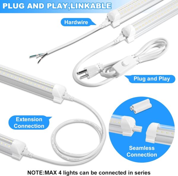 8FT LED Shop Light 10 Pack, Hanging/Surface Mount 6000K/White Light LED Tube Light, Plug & Play 72W 11520LM Super Bright High Output T8 LED Ceiling Lighting, Linkable Shop Lights for Garage - Image 4