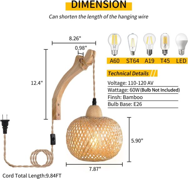 Frideko Bamboo Lantern Plug in Wall Sconces Wicker Wall Lamp with Plug in Cord Hand Woven Rattan Wall Light Farmhouse Rustic Wall Sconces Boho Sconces Wall Lighting for Living Room Bedroom - Image 4