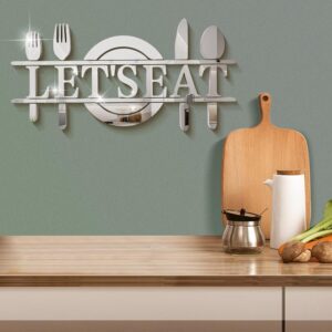 Doeean Let's Eat Wall Decor Letter Signs Acrylic Mirror Wall Decals Decorations Stickers for Kitchen or Dining Room (Silver 26.3 X 13.2)
