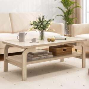 Giantex 2-Tier Coffee Table with Storage, 47” Mid Century Rectangle Accent Table with Open Shelf, Large Tabletop & Curved Legs, Rustic Style Wood Cocktail Table, Center Table for Living Room, Natural