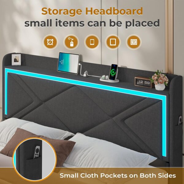 LED Full Bed Frame with Storage Headboard, Modern Upholstered Platform Bed with Type-C & USB Charging Station and 4 Drawers, Solid Wooden Slats, No Box Spring Needed, Dark Grey - Image 4