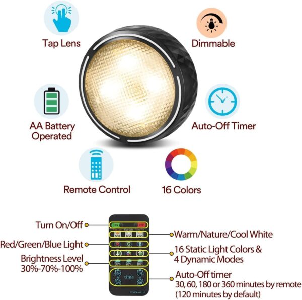 Onumii LED Puck Lights Battery Operated LED Under Cabinet Lighting Wireless Stick on Tap Lights with Remote Controll Color Changing Timer Function for Cabinets, Shelves, Closets - 6Pack White - Image 4
