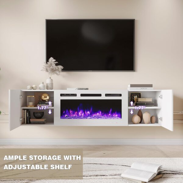 EROMMY 70'' Floating TV Stand with 36'' Electric Fireplace, High Gloss Finish Entertainment Center with 12 Flame Fireplace Insert Heater, Fireplace TV Console for TVs up to 80'' for Living Room, White - Image 6